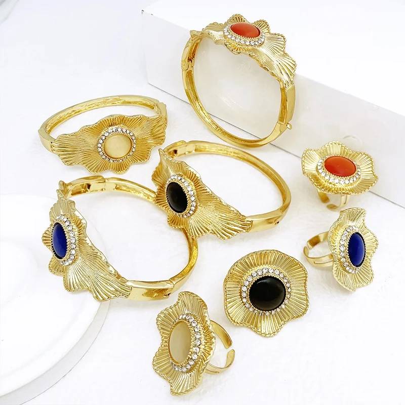 18K Gold Plated Bangle Ring Set Luxury Colored Stone Bracelet African Nigeria Fashion Jewelry Ensemble De Bijoux En or Congo