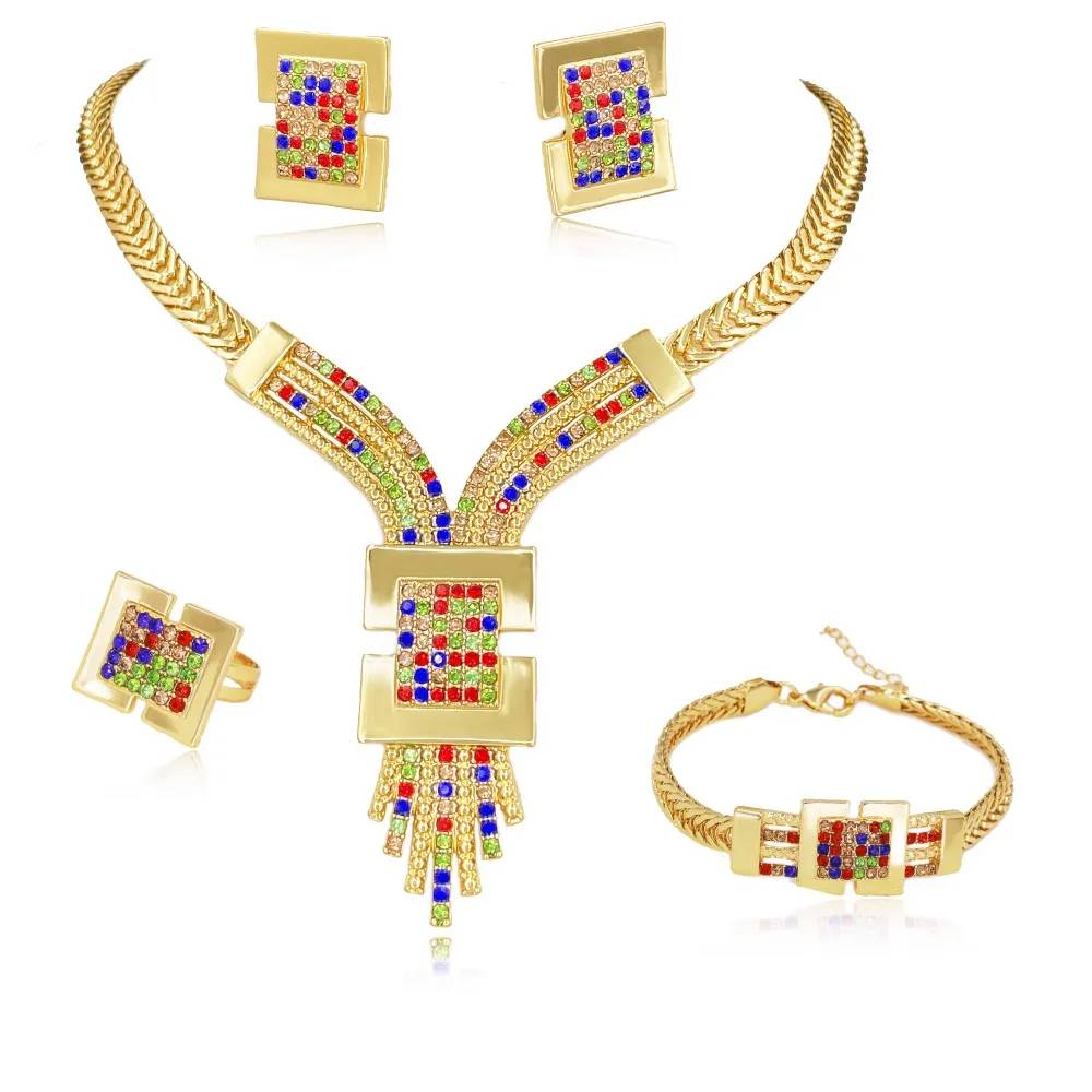 Brazilian Dubai Quadrate Oro Jewelry Sets 18k Real Gold Pure Plated Original Jewelry Necklace Bracelet Earring Ring Set for Lady