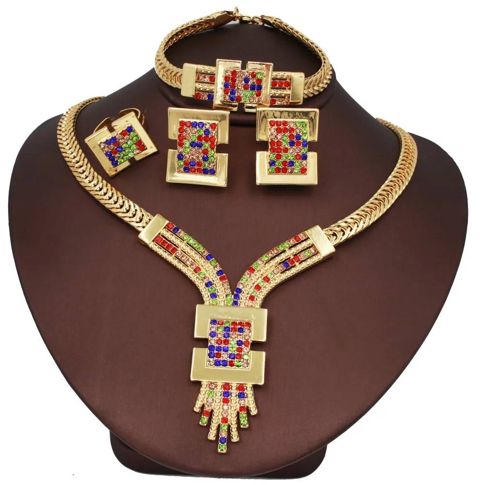 Brazilian Dubai Quadrate Oro Jewelry Sets 18k Real Gold Pure Plated Original Jewelry Necklace Bracelet Earring Ring Set for Lady