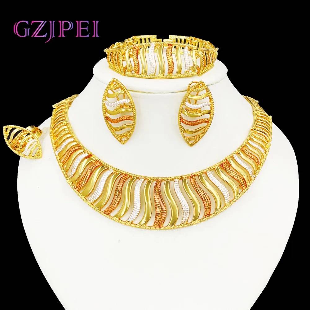 18k Gold African Jewelry Set  Necklace Earring Bracelet Ring Set Tarnish Free Yellow Gold Jewelry Set