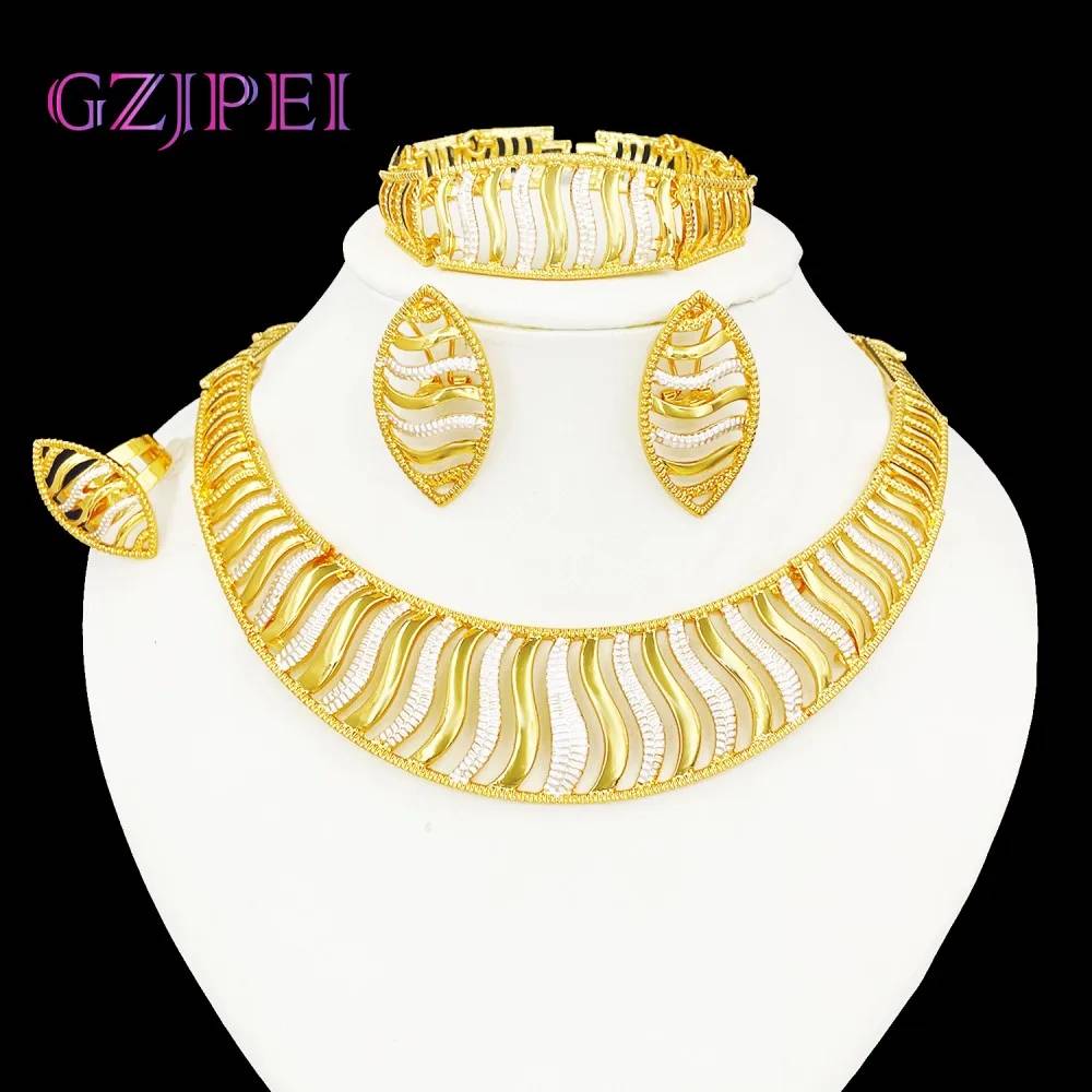 18k Gold African Jewelry Set  Necklace Earring Bracelet Ring Set Tarnish Free Yellow Gold Jewelry Set